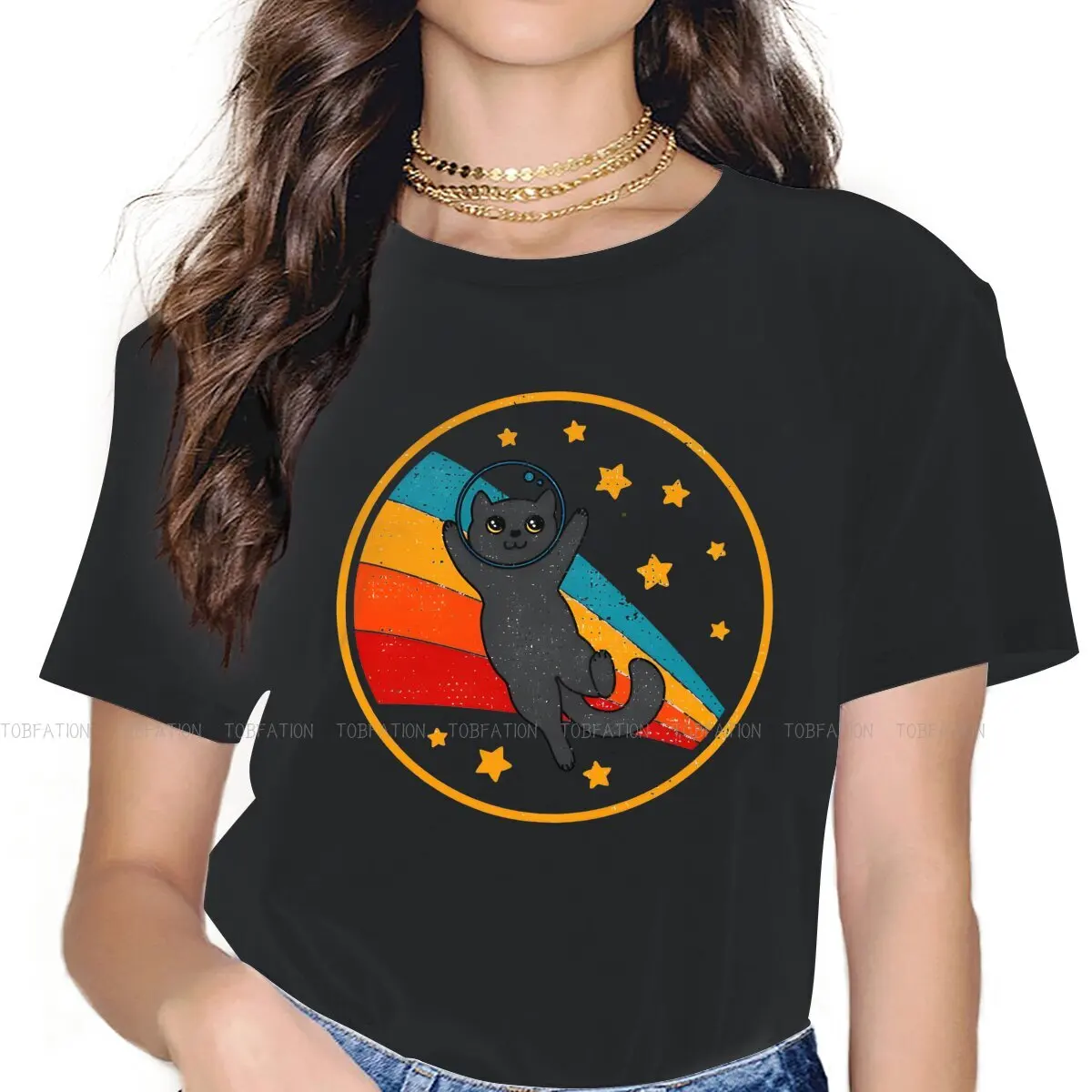 

Винтажные футболки Bombay Space 4XL, женские тканевые топы с черной кошкой в стиле Харадзюку, футболка с круглым вырезом