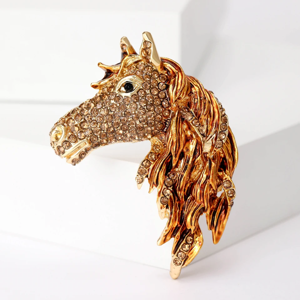 Broche Tête De Cheval Noir Et Doré Avec Strass Blanc - Bijou Fantaisie - Neuf Sans Emballage