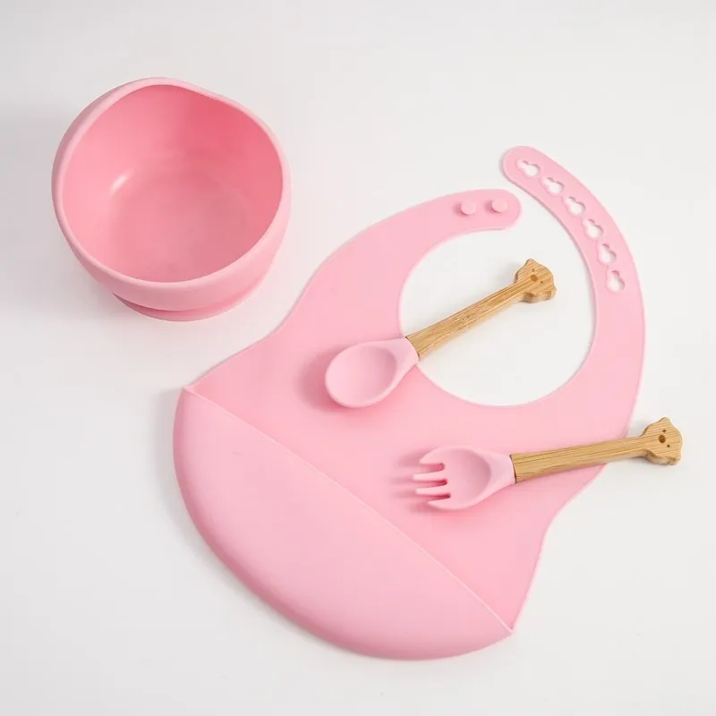 SiliconeBabyPlatesSpoonsForksBibBowlsDishCupChildFeeding