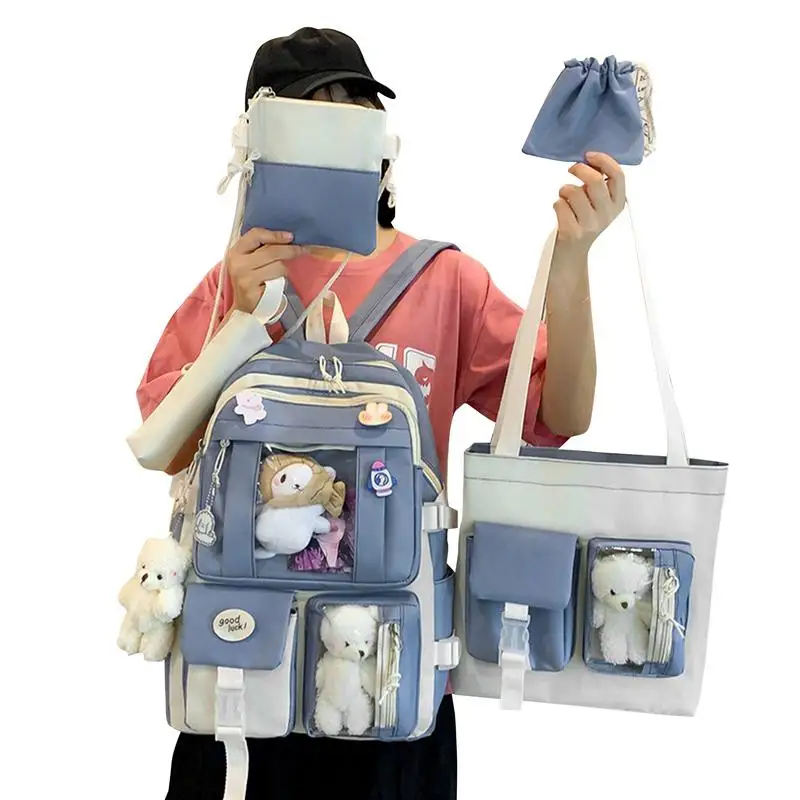 

Cute Kawaii Backpack For School 5 Pieces Teen Backpacks For Girls Large Capacity Schoolbag With Shoulder Bag Pencil Bag Tote Bag