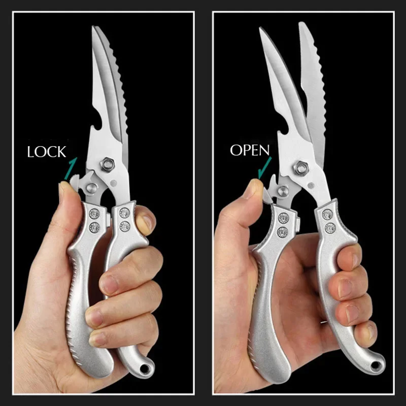 Forbici Da Cucina Multiuso In Acciaio Inox - Per Pollame, Ossa, Carne, Pesce E Verdure - Lama Affilata 26 Cm Con Blocco Sicurezza - 4