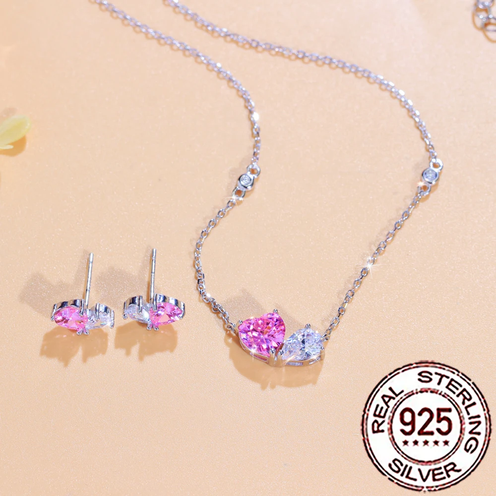 QooLady S925 Silber Süße Rosa Weiß CZ Zirkon Herz Form Halskette Ohrringe Set für Frauen Hochzeit Engagement Edlen Schmuck ST033 – Detail 6