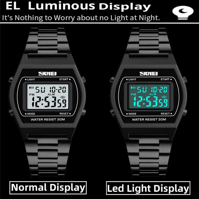 Skmei Unisex Digital Sport's Watches Stainless Steel Strap Led Waterproof 12/24 Hour Format Electronic Alarm Clock 4