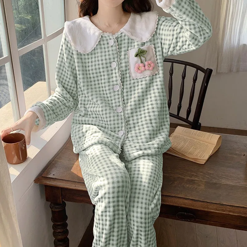 2024 New Pajama Women Autumn Winter Sleepwear Plus Velvet Thicken Sweet Cardigan Plaid Student Loungewear Warm Flannel Homewear