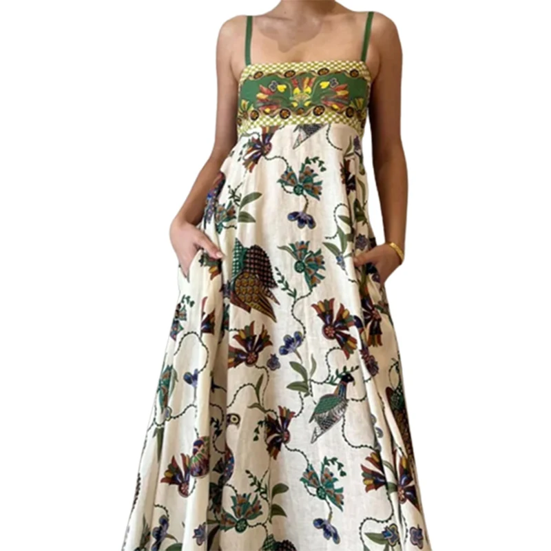 

Holiday Printed Long Maxi Dresses Women Beach Straps Slip Sleeveless Loose Dress Casual Fashion Women's Ethnic Clothing