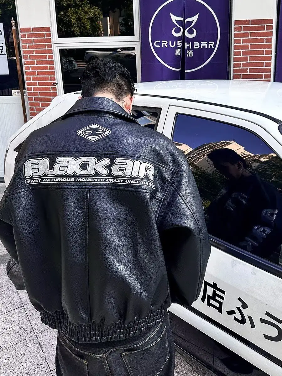 Autumn Winter Punk Coat Embroidery Motorcycle Suit PU Leather Jacket Men's High Street Retro Niche Silhouette Heavyweight Jacket 4