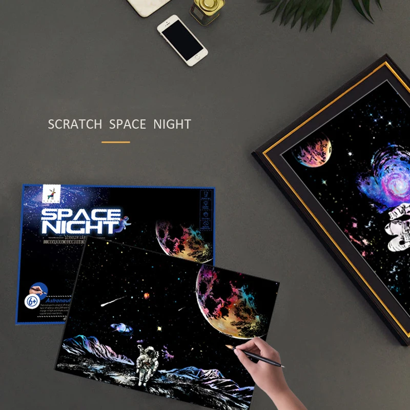 

DIY Space Exploration Scratch Painting 40.5*28.5 CM Colorful Manual Space Night Astronaut Scratch Painting Toys For Kids Adult