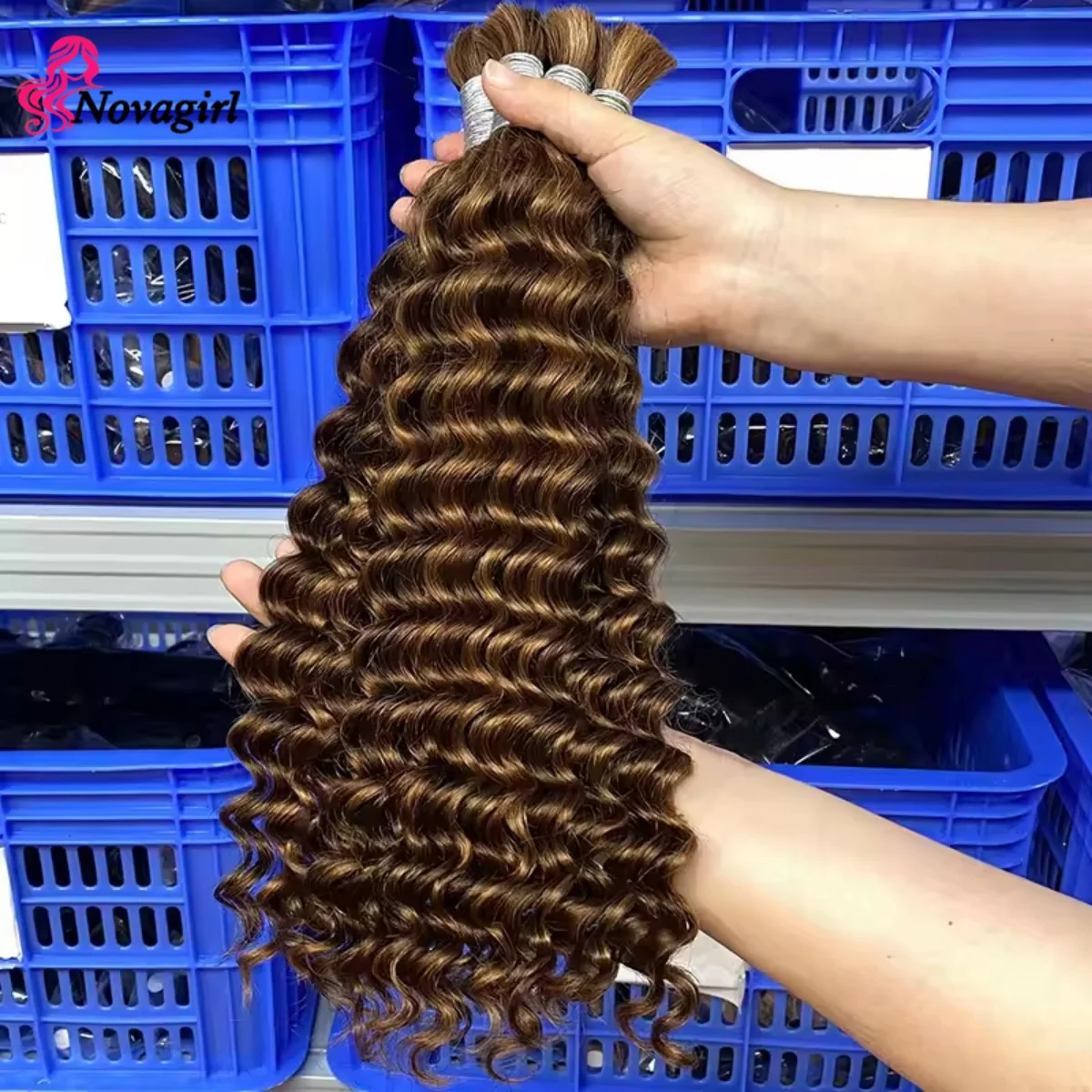 Human Braiding Hair for Boho Braids 50g/Pack Highlight Deep Wave Bulk Human Hair 4/27 Ombre Knotless Braiding Hair Extensions 5