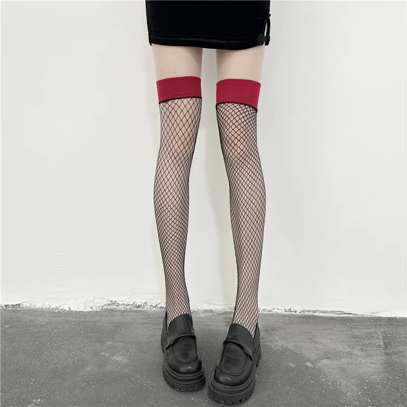 

Sexy Red Edge Black Silk Fishnet Stockings Female Black Stockings Contrast Color Thigh Socks