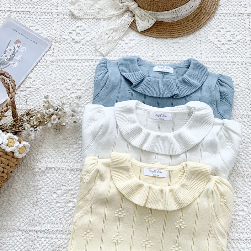 

2023 Baby Autumn T-shirt Girl Short Sleeved Hollow Out Lotus Collar Knitwear Solid Color Pure Cotton Soft Children Clothes Knit