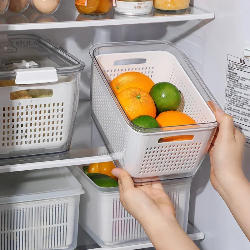 

Plastic Kitchen Fridge Storage Organizer Large Capacity Food Preservation Box Vegetable Fruit Keep Fresh Drain Crisper Container