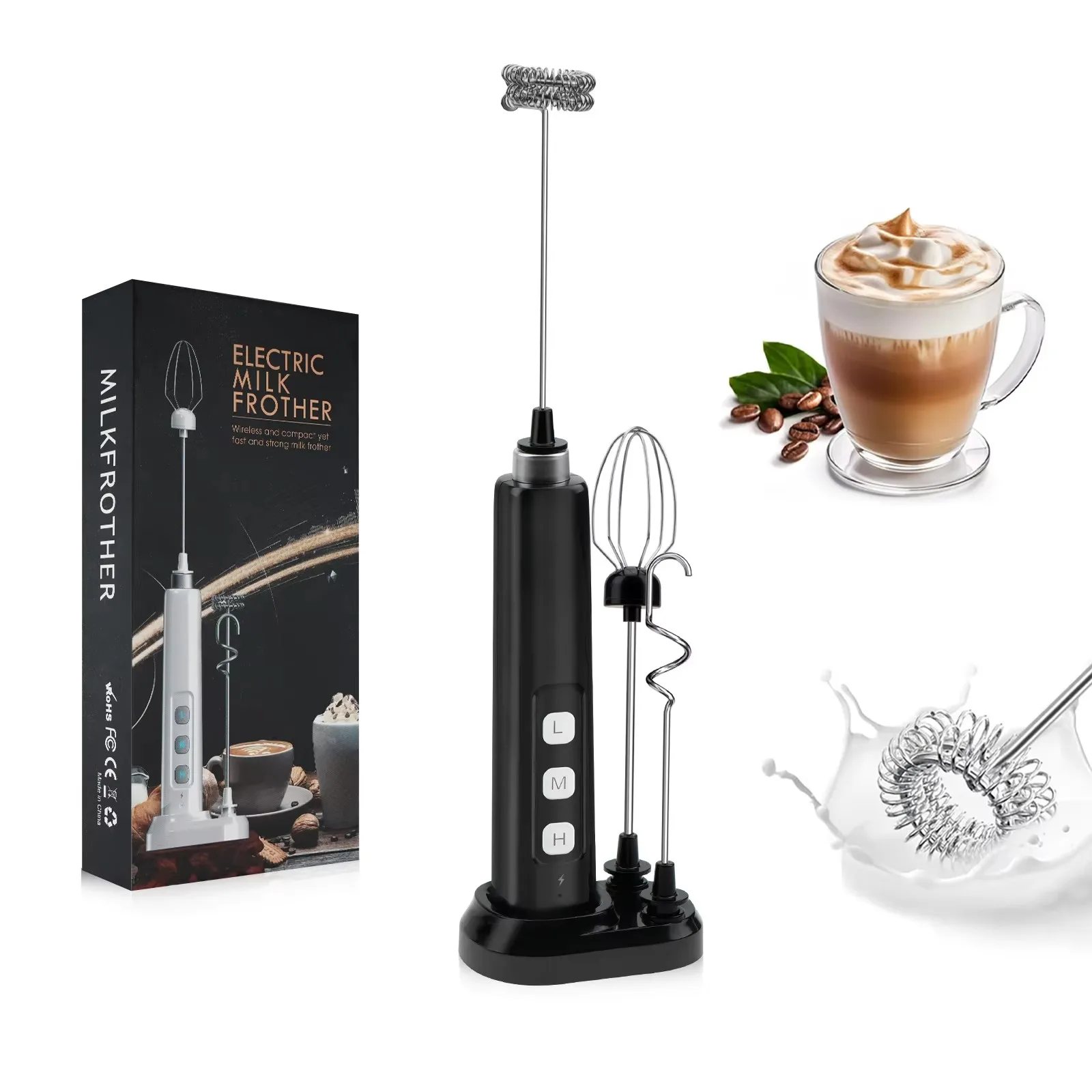 Wireless Rechargeable Electric Milk Frother - 3 Speeds, Handheld Foam thumbnail 4