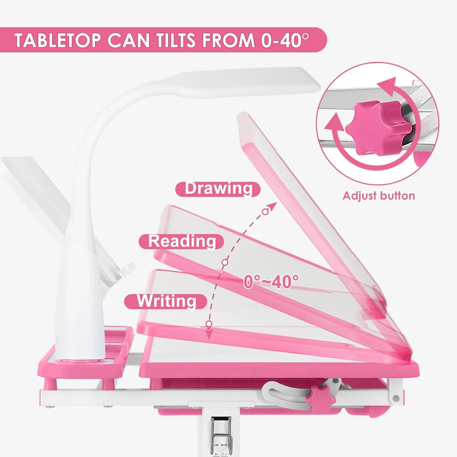 Artist hand Kids Study Table and Chair Set,Adjustable Girls School Writing Study Table,with Large Writing Board LED Pull Out Dra