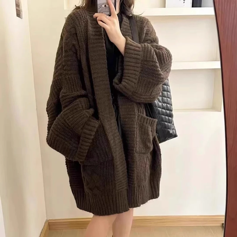 Winter Cardigan Women's Pocket Sweater Korean Loose Knitted Cardigan Casual Solid Knit Jacket Medium Long Thick Autumn