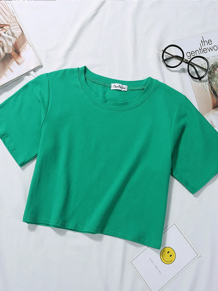 ตัวเลือกสินค้า เสื้อยืดแขนสั้นผ้าฝ้าย ใส่สบาย ดีไซน์เรียบหรู สำหรับสาวๆ