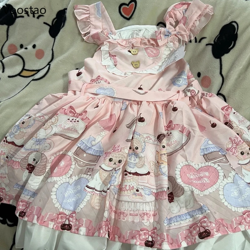 Japanese Sweet Lolita Jsk Dress Women Kawaii Cartoon Bear Print Sleeveless Party Mini Dresses Girls Harajuku Y2k Princess Dress