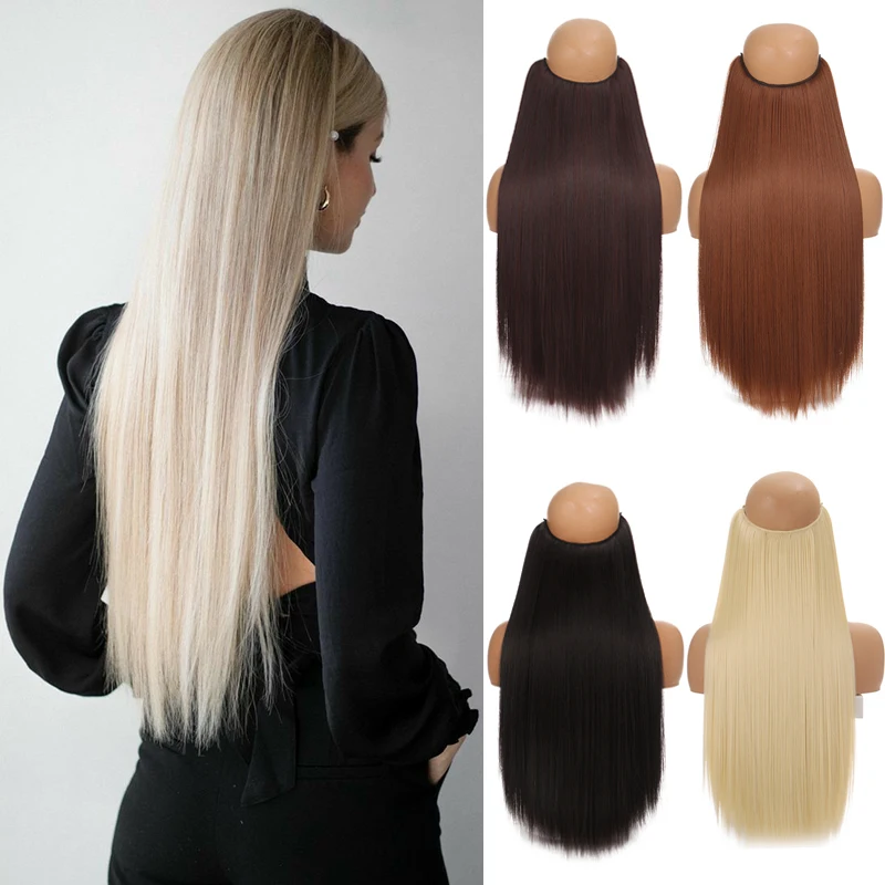 MANWEI Synthetic No Clip Wave Hair Extensions Ombre Natural Black Blonde One Piece False Hairpiece Fish Line Fake Hair Piece