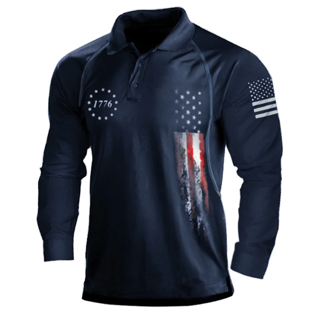 Men's Long -sleeved American Flag POLO Shirt 1