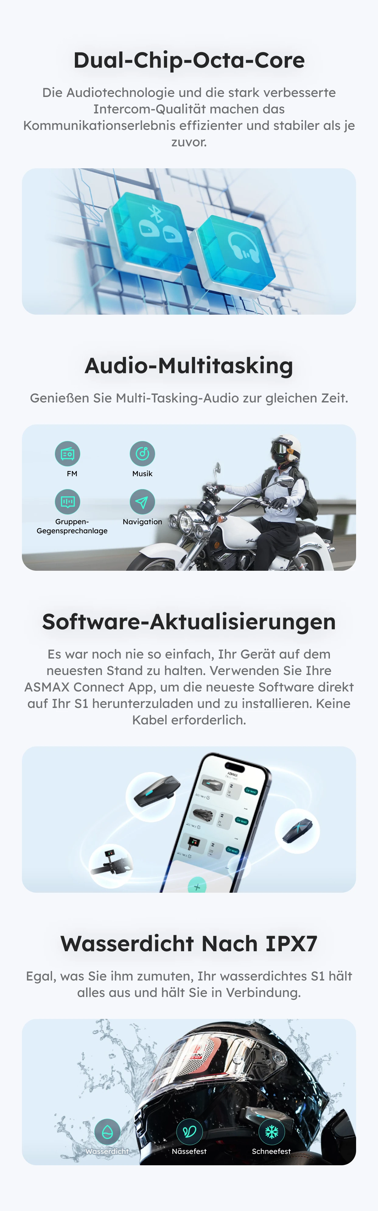 ASMAX S1 Helm Bluetooth Headset Sprachsteuerung Motorrad Kommunikationssysteme 8-Fahrer Helm-Gegensprechanlage mit FM-Radio ENC/IPX7, Deutsche Sprachansagen Geeignet für Schneemobil/Ski/ATV – Detail 7