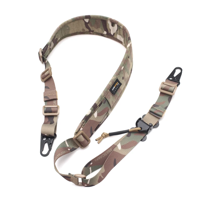 

Quick-Release Tactical Harness, Ferro Slingster, Quick-Adjustable, Cordura Camouflage Single and Double Point, Messenger Rope