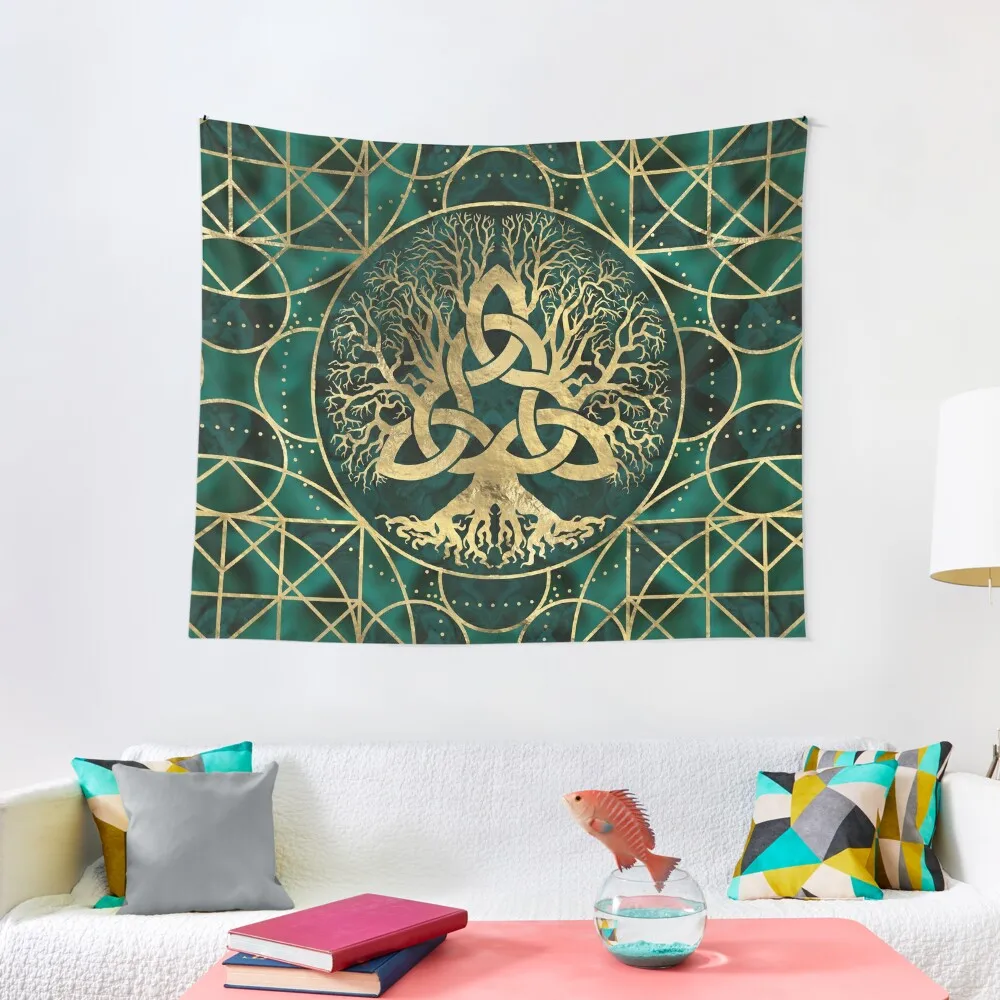 

Tree of life with Triquetra Malachite and Gold Tapestry Art Mural Room Decorator Aesthetic Room Decorations