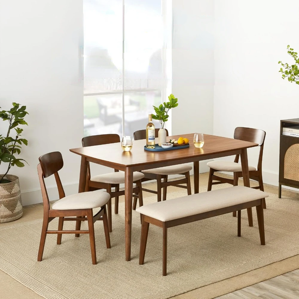 6-Piece Dining Set, Mid-Century Modern Wooden Table & Upholstered Chair Set for Home, Kitchen, Dining Room