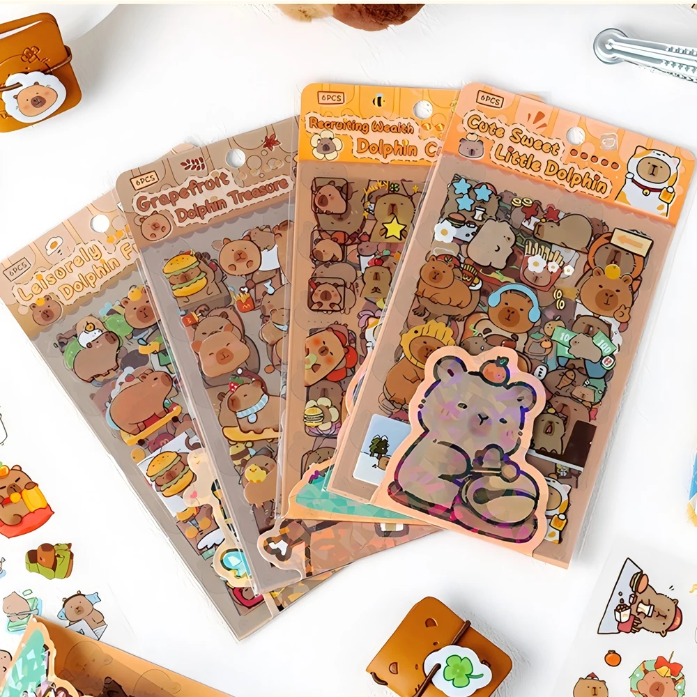 6Sheets/pack Transparent Cute Cartoon Capybara Stickers Kawaii Kids Decals Toys Waterproof DIY Diary Stationery School Supplies
