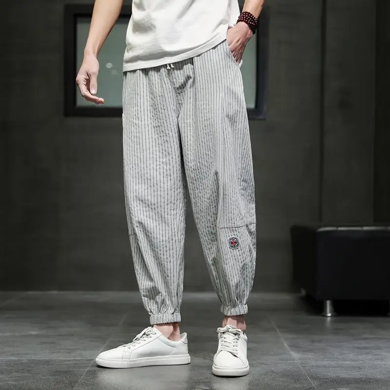 Spring Summer Fashion High Waist Men's Clothing Solid Color Tie Feet Slimming All Match Pockets Solid Cotton Line Casual Pants