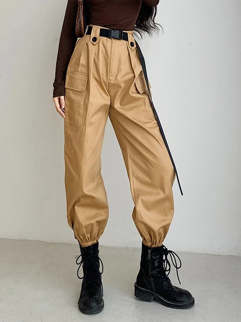 2023 Women's Cargo Pants Sweatpants Solid High Waist Belted Casual