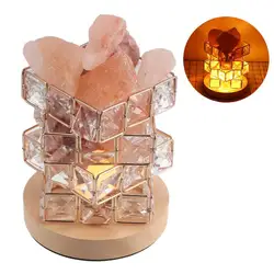 Lampe LED Cube de sel en cristal, Base en bois, fer, cadeau géométrique, veilleuse d'ornement, lampes de chevet 
