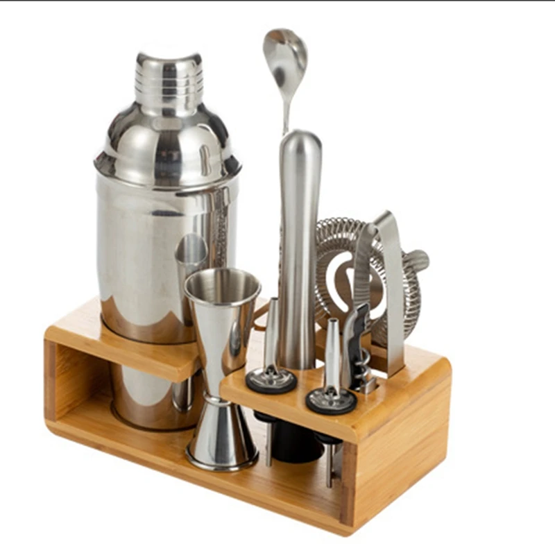 

10PCS 750Ml Stainless Steel Cocktail Shaker Set Bar Barware Tools Bartender Shaker Kit With Wooden Stand