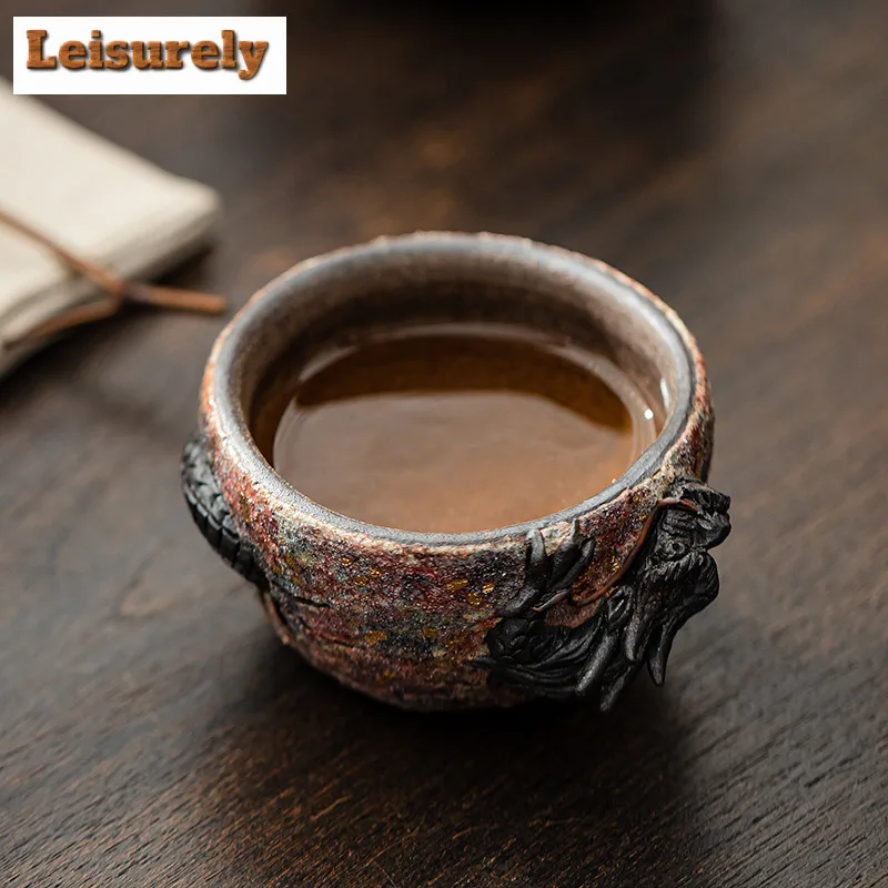 120ML Handmade Dragon Pattern Pottery Teacup Rock Mine Master Cup Gold Pointing Personal Tea Nowl Jianzhan Drinkware Gift Box
