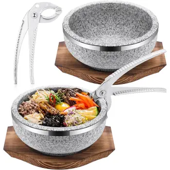 2-Set Dolsot Bibimbap Stone Bowl with Wooden Base & Tongs 1
