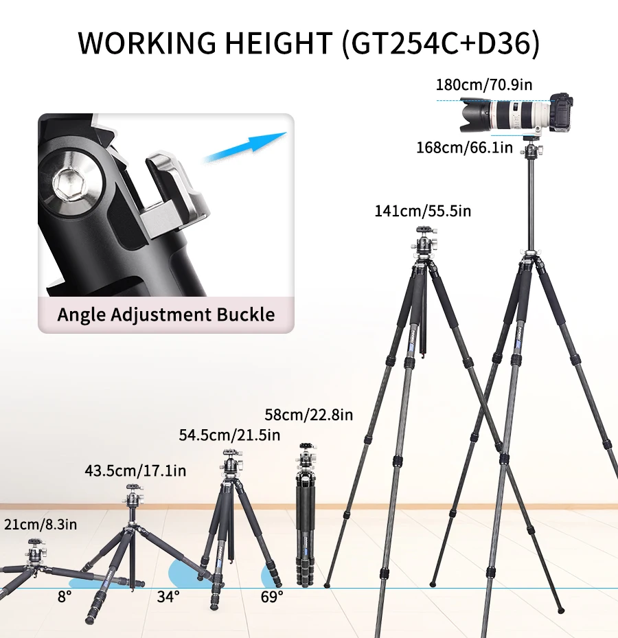 GT254C Carbon Fiber Tripod Camera Tripod Professional Compact Portable Stand wit