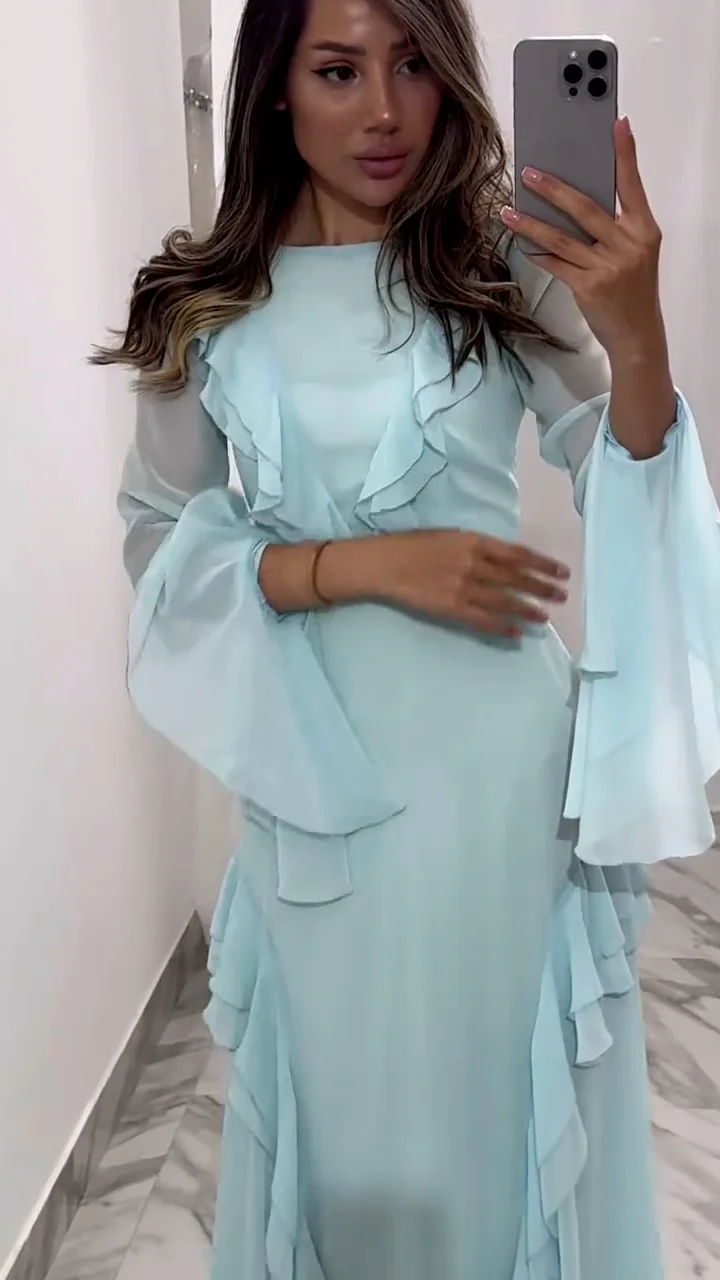 Artcat Elegant Long Sleeved Ruffled Bodycon Women Dress Fall 2025 New Mesh Hollow Out Evening Dress Slim Fit Party Club Vestidos