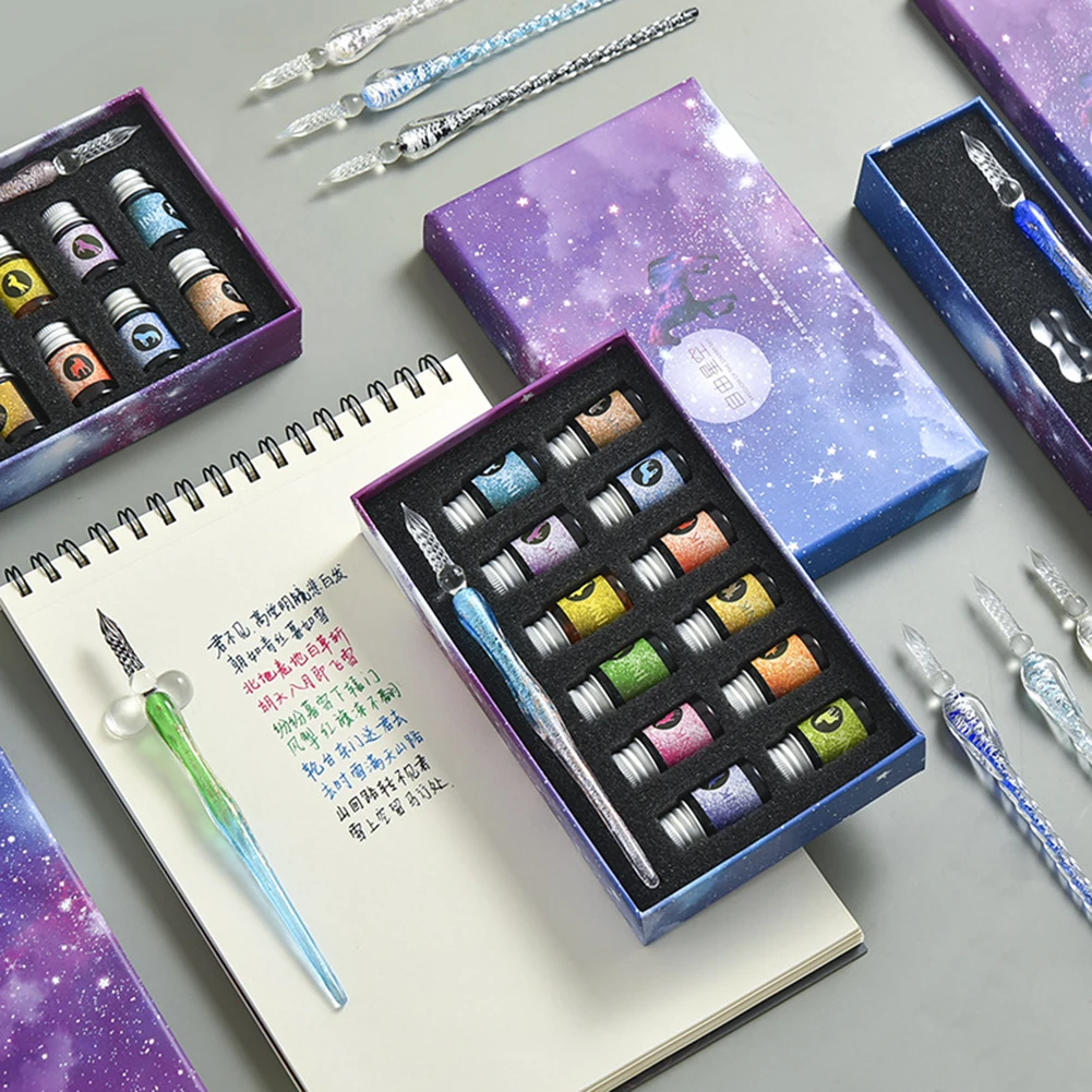 Crystal Starry Sky Glass Pen and Ink Set Glass Dip Pen Fountain Pen Inks  for Writing Drawing Office School Supplies D 