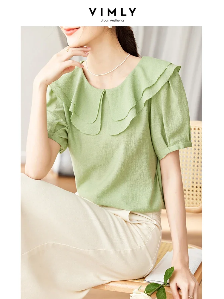 

Vimly Loose Ruffles Petter Pan Collar Blouse for Women Summer 2023 Thin Acetate Blended Pullover Straight Short Sleeve Lady Tops