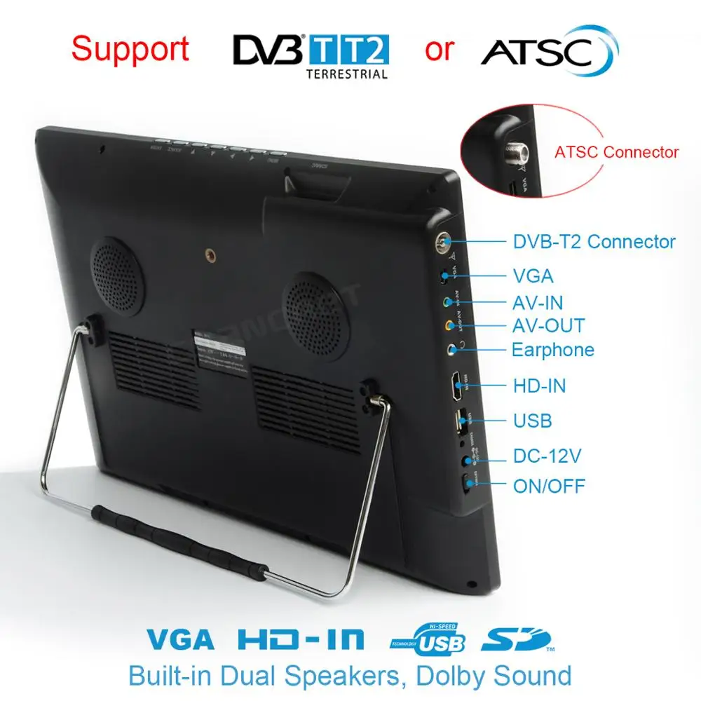 ATSC 디지털 아날로그 TV, HD 휴대용 TV, 미니 소형차 TV, MP4, AC3, HDin, PS4 디스플레이 DVB-T2 지원, Kang Shida, D14, 14 인치
