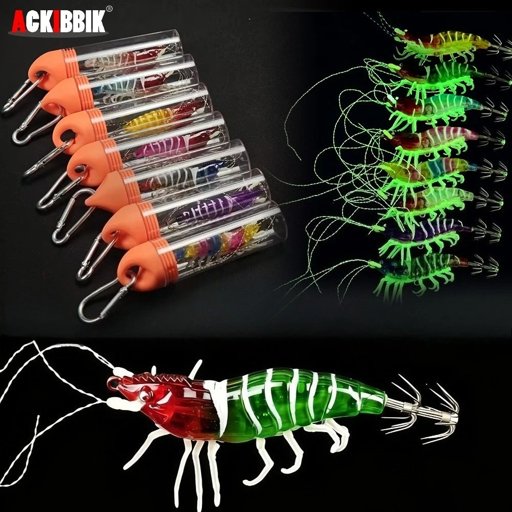 Ackibbik 1 Stück Horizontaler Tintenfisch-Jig Egi Set 8cm Simulierter Garnelen-Angelköder mit Tragbarem Rohr Karabiner UV-Leuchtendes Meeresangelzubehör