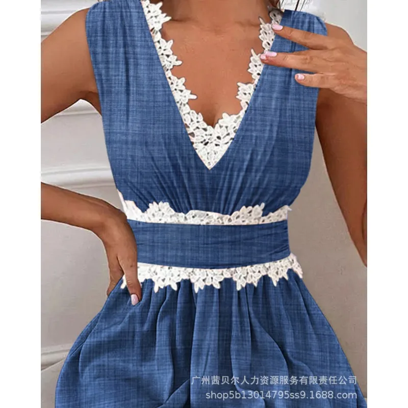 

Wepbel Women Summer V-neck Slim Fits A-line Dress Y2K Lace Stitching Casual Dress Contrast Sleeveless Ruffle Hem Casual Dress