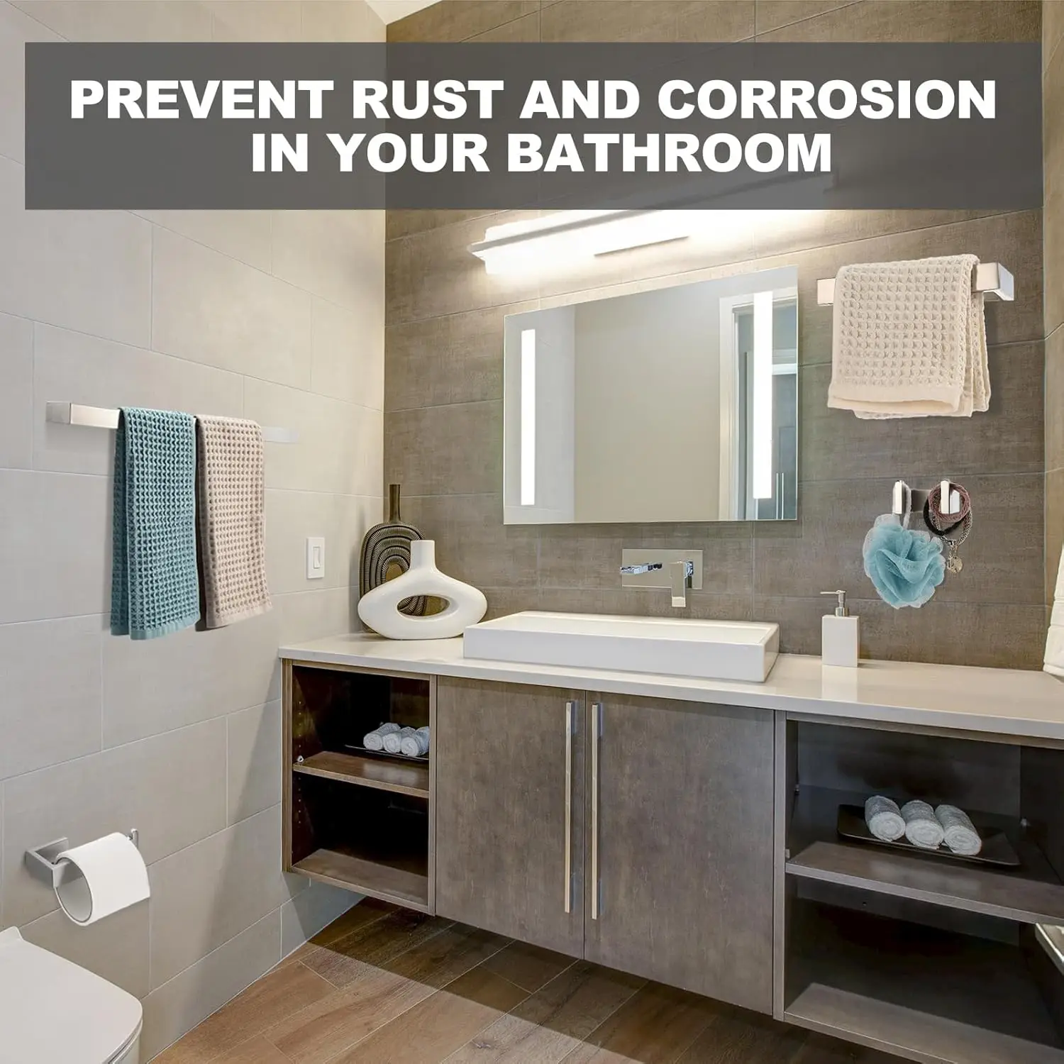 8-Piece Bathroom Hardware Set. Towel Holder, Robe Hook, Toilet Paper Holder. Brushed Stainless Steel. Wall-Mounted. Silver.