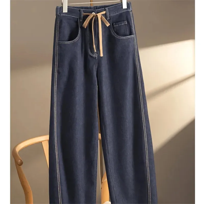 

New Style Of All-Match High-Grade Denim Scythe Pants Draw Rope Niche Thin High Waist Fashion Micro Taper Jeans Female Clothing