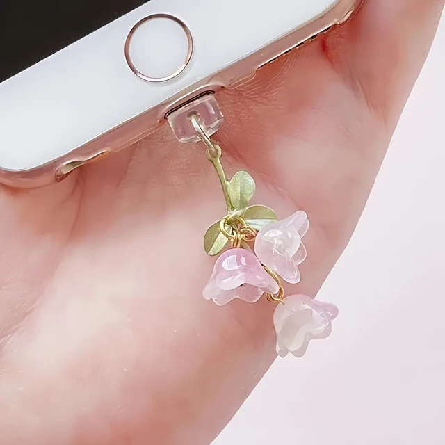 1PC For Phone/Type-C Interface Cute Pink Lily Of The Valley Phone Charm Flower Green Leaf Dust Plug DIY Accessories 4