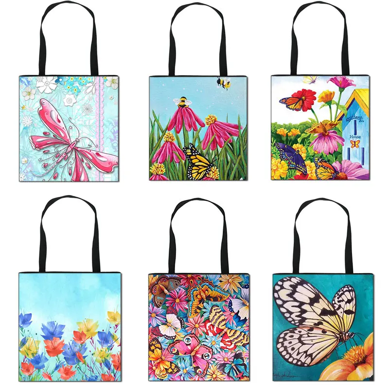 

Beautiful Painting Butterfly / Flowers Print Totes Bag Portable women Tote Casual Shoulder Travel Ladies Shopping Bags Gift