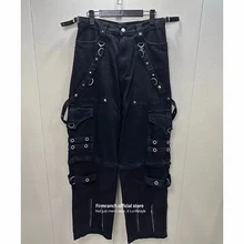  Firmranch Double Wear Raver Multiple Pockets Lace-up Jeans For Men Women Oversized Wash Old Baggy Denim Pants High Quality 