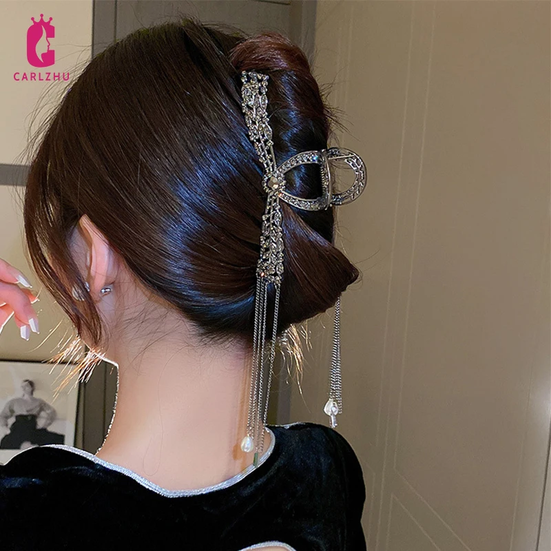 

Exquisite Black Rhinestones Leaf Pearl Tassel Hair Claws for Women Temperament Clamp Hairpins Barrette Hair Clip Accessories