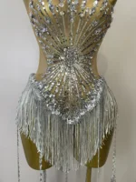 STOCK Sliver Sequins Shining Diamonds Sexy Mesh Long Tassel Bodysuit Women Nightclub Party Birthday Stage Performance Costume - Image 6