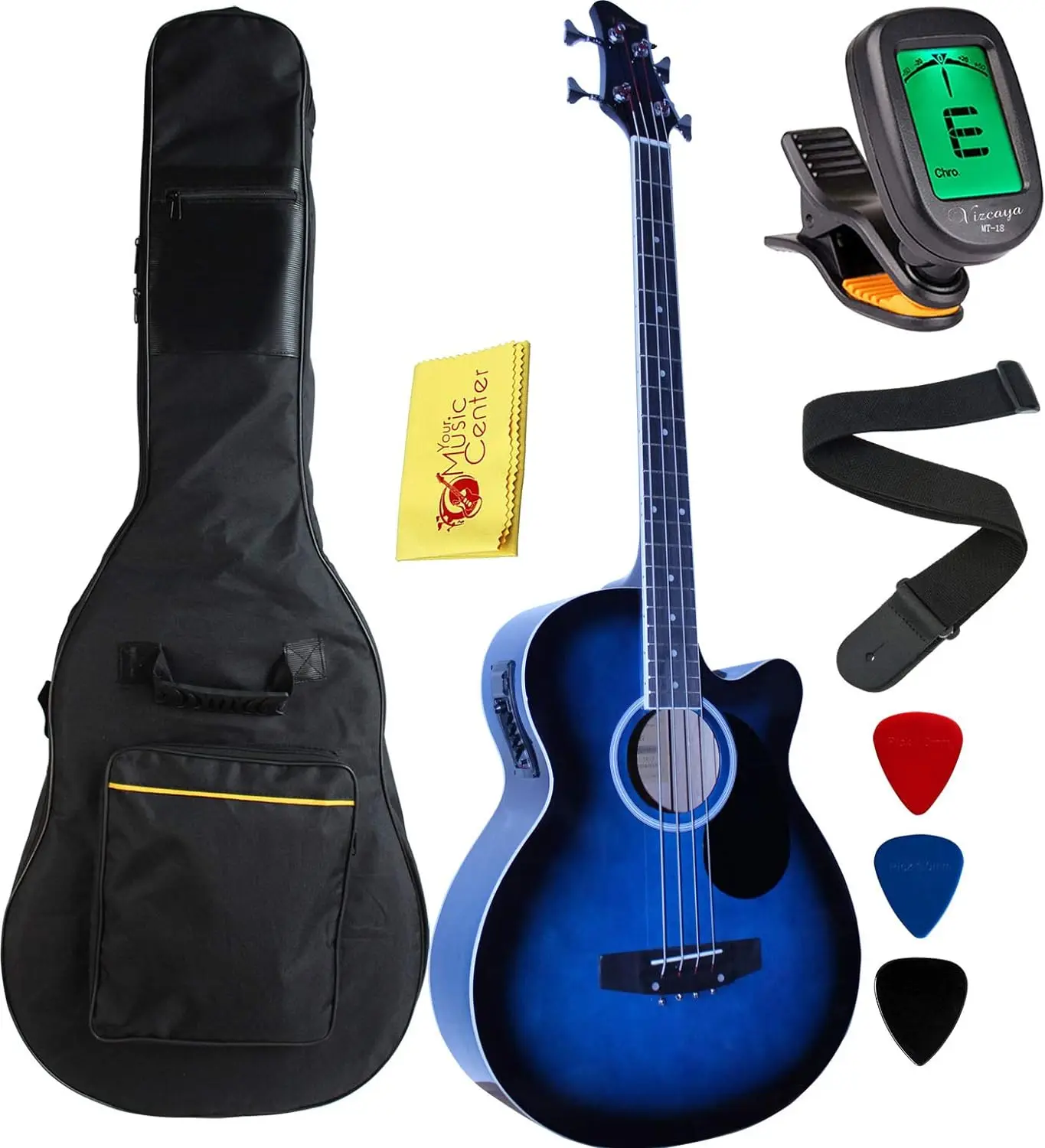 

Vizcaya Full Size 4 Strings Cutaway Acoustic-Electric Bass Guitar With 4-Band ,5mm Padding Gig Bag,Strap, Picks-Blue