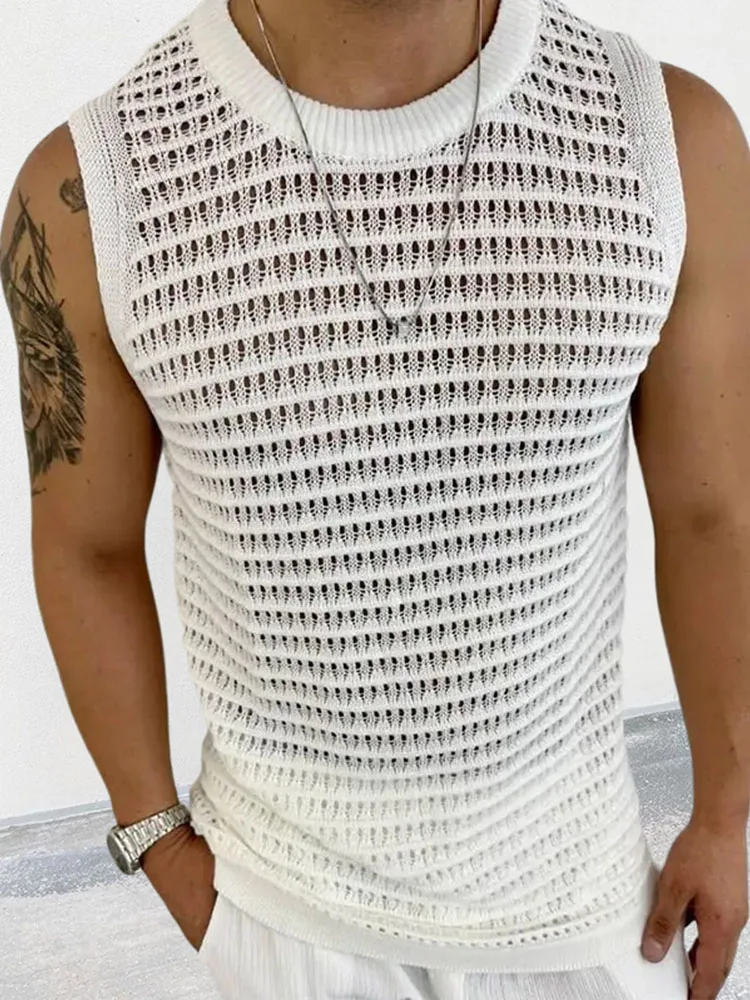 

Men's Solid Color Slim Fit Sleeveless Hollow Knit Vest