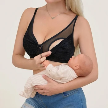 Women Lace Hands Free Pumping Bra Front Open Wireless Maternity Nursing Bra Adjustable Strap Mesh Breastfeeding Bras for Breast